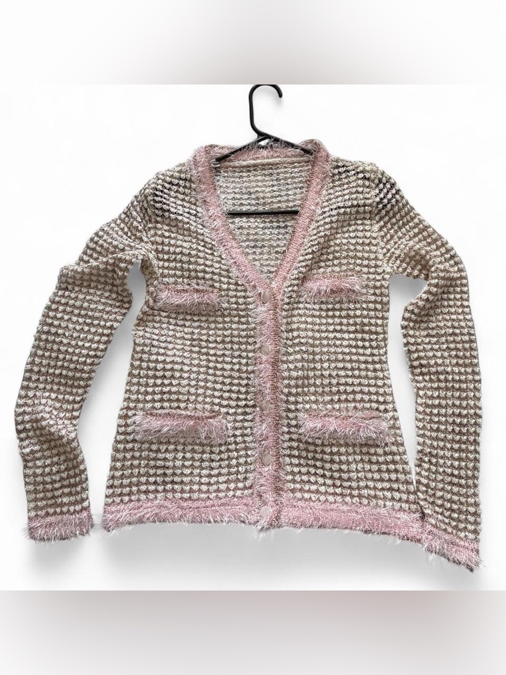 Women’s Pink Trim Cream & Pink Knit Cardigan Sweater with metallic yarn